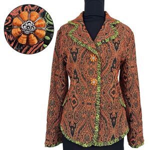 An Ren NY Womens Paisley Jacquard Jacket Medium Orange Green Flower Art To Wear